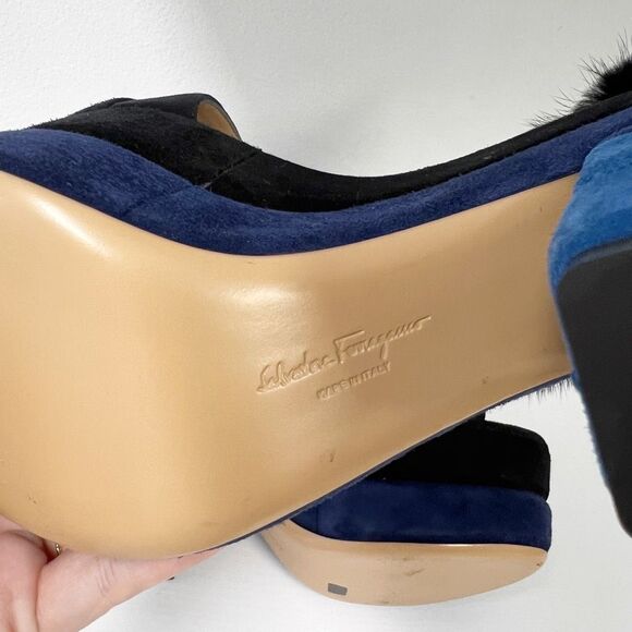 Salvatore Ferragamo Wrap Around Colorblock Suede Leather Heels 11 Mink Fur - Picture 8 of 9